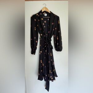 Cabi Divine Wrap Dress Small Floral Black Long Sleeve Midi